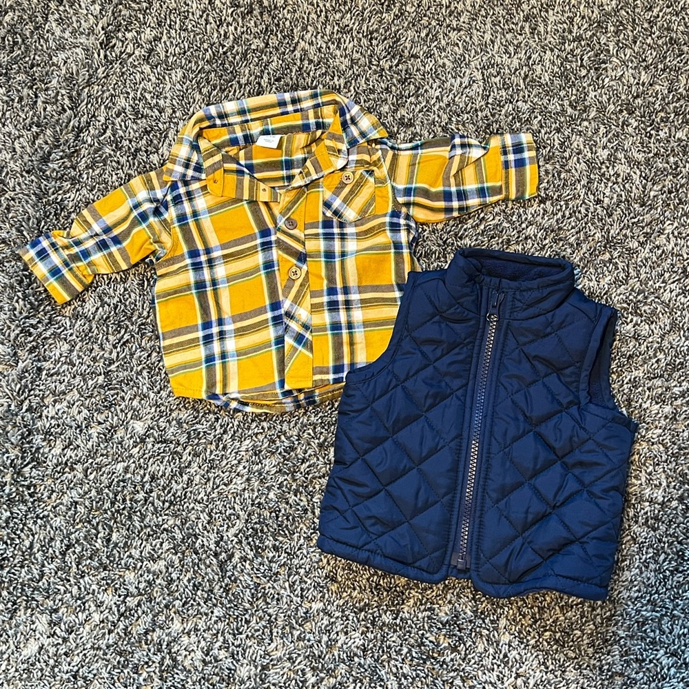 0-3mo Baby Old Navy Yellow Plaid Shirt and Navy Quilted Vest Set